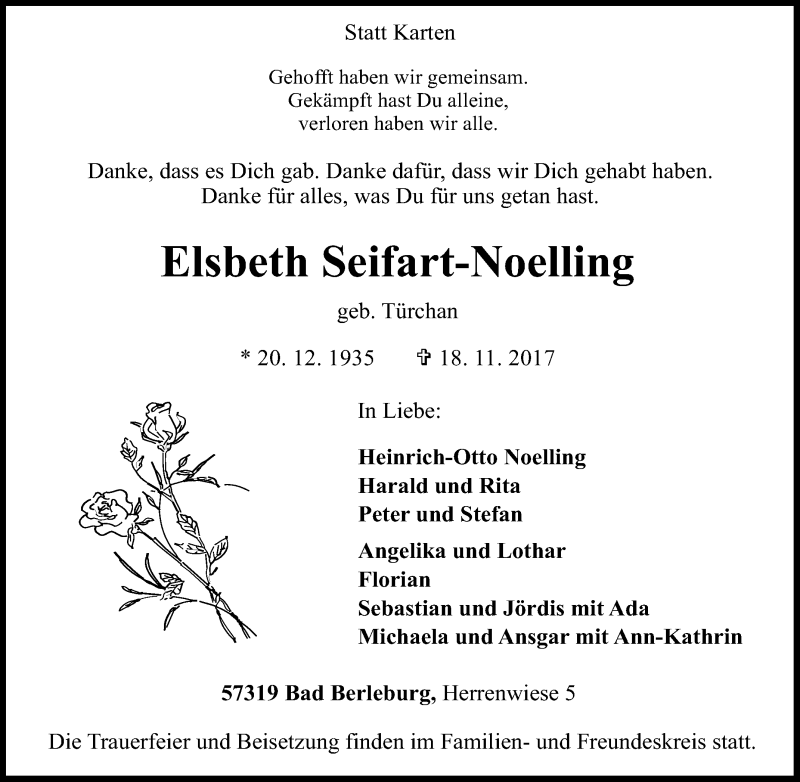  Traueranzeige für Elsbeth Seifart-Noelling vom 20.11.2017 aus Tageszeitung