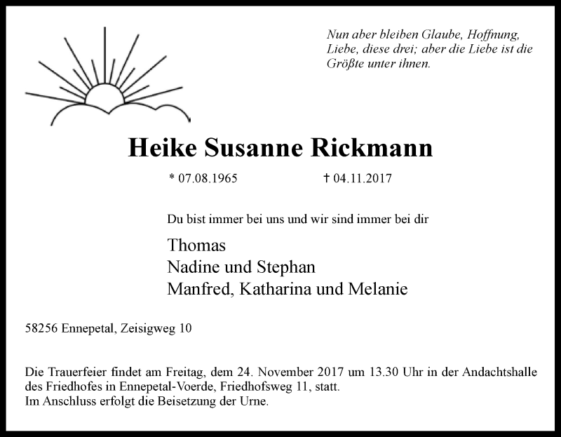  Traueranzeige für Heike Susanne Rickmann vom 20.11.2017 aus Tageszeitung