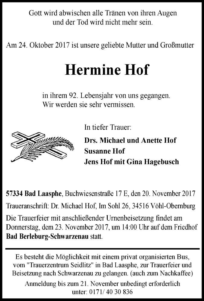 Traueranzeige für Hermine Hof vom 20.11.2017 aus Tageszeitung