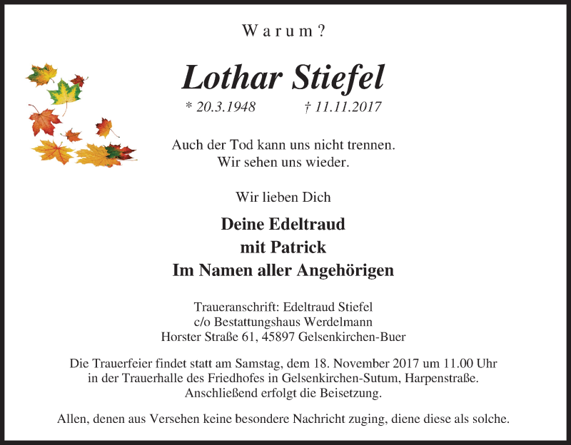  Traueranzeige für Lothar Stiefel vom 15.11.2017 aus Tageszeitung