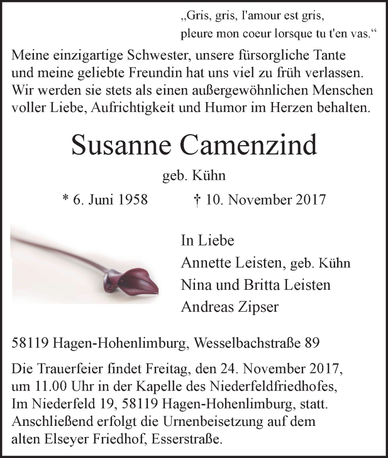  Traueranzeige für Susanne Camenzind vom 20.11.2017 aus Tageszeitung