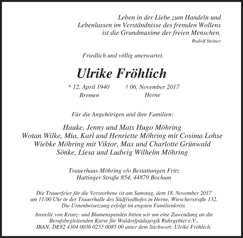  Traueranzeige für Ulrike Fröhlich vom 11.11.2017 aus waz