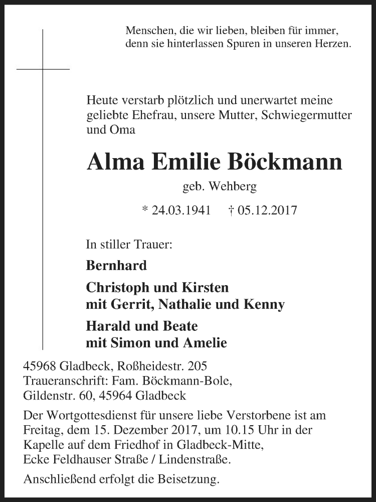  Traueranzeige für Alma Emilie Böckmann vom 09.12.2017 aus Tageszeitung