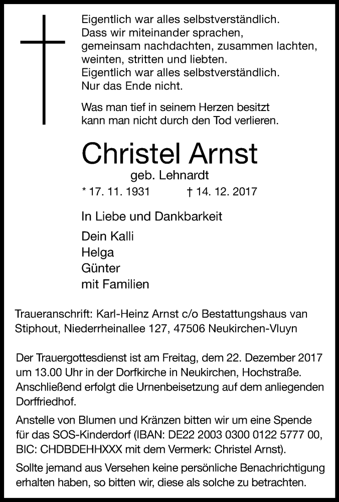  Traueranzeige für Christel Arnst vom 19.12.2017 aus Tageszeitung