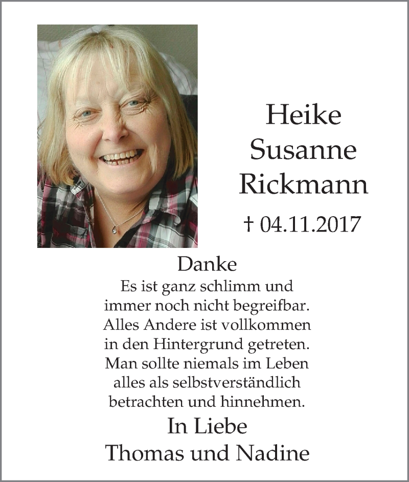  Traueranzeige für Heike Susanne Rickmann vom 16.12.2017 aus Tageszeitung
