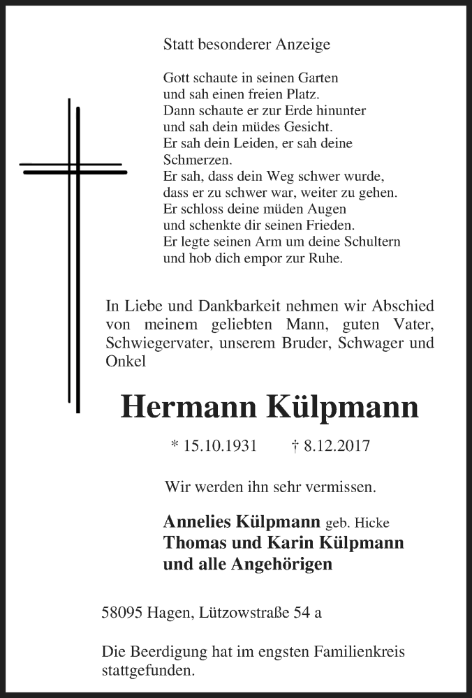  Traueranzeige für Hermann Külpmann vom 16.12.2017 aus Tageszeitung