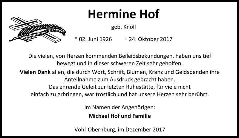  Traueranzeige für Hermine Hof vom 22.12.2017 aus Tageszeitung