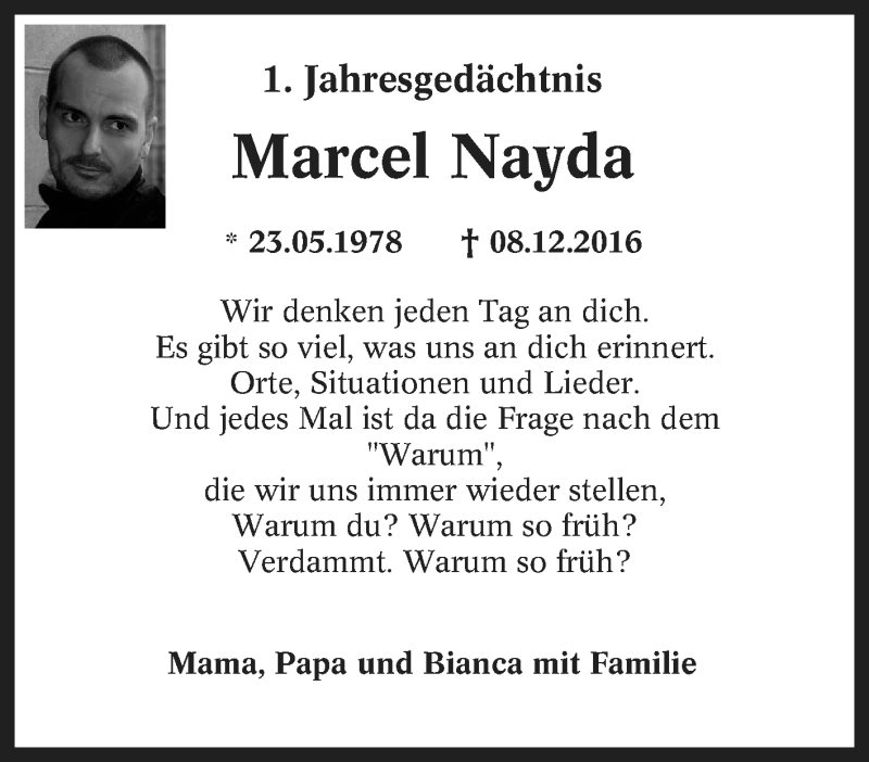  Traueranzeige für Marcel Nayda vom 08.12.2017 aus Tageszeitung