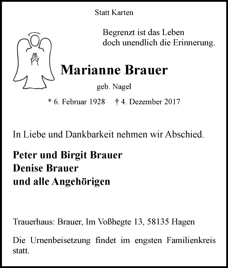  Traueranzeige für Marianne Brauer vom 09.12.2017 aus Tageszeitung