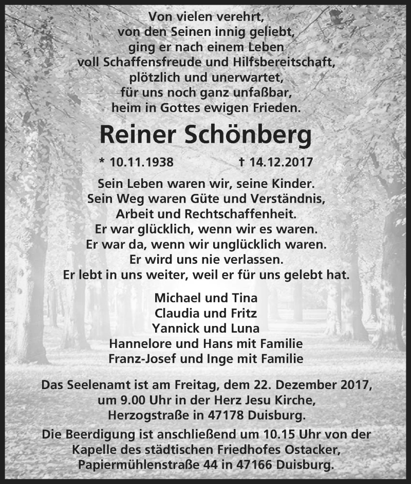  Traueranzeige für Reiner Schönberg vom 21.12.2017 aus Tageszeitung