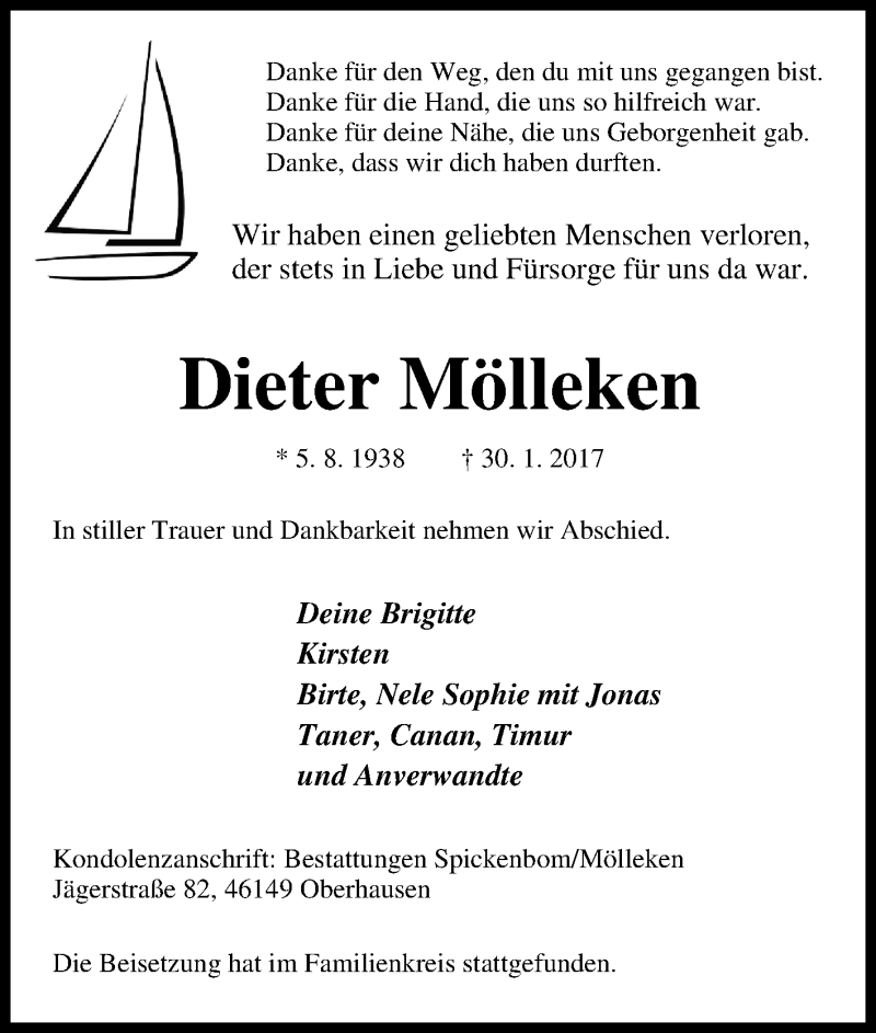  Traueranzeige für Dieter Mölleken vom 04.02.2017 aus Tageszeitung