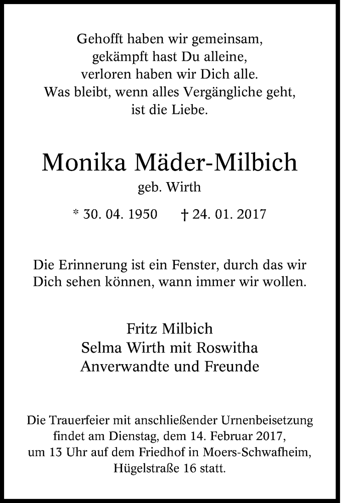  Traueranzeige für Monika Mäder-Milbich vom 04.02.2017 aus waz