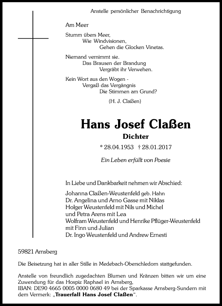  Traueranzeige für Hans Josef Claßen vom 07.02.2017 aus waz