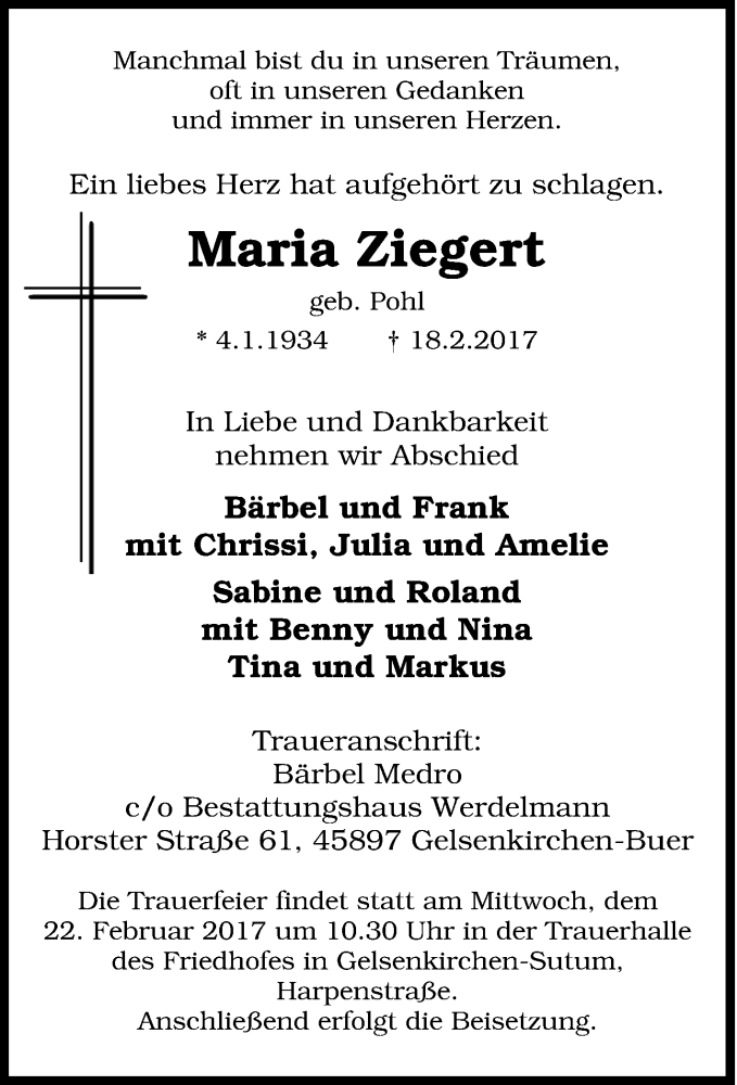  Traueranzeige für Maria Ziegert vom 21.02.2017 aus Tageszeitung