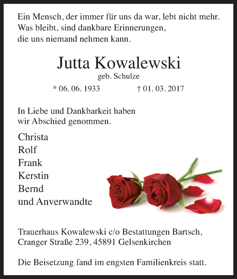  Traueranzeige für Jutta Kowalewski vom 11.03.2017 aus Tageszeitung