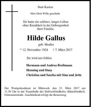 Traueranzeige von Hilde Gallus von Tageszeitung