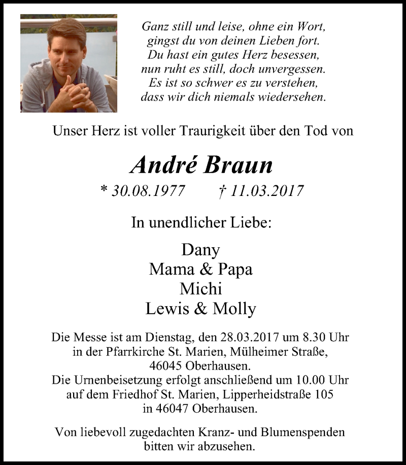  Traueranzeige für André Braun vom 25.03.2017 aus 6341
