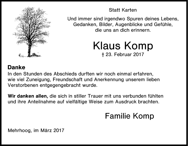  Traueranzeige für Klaus Komp vom 31.03.2017 aus Tageszeitung