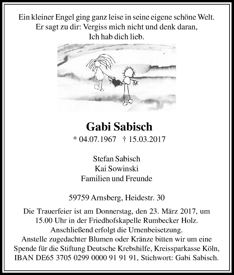  Traueranzeige für Gabi Sabisch vom 18.03.2017 aus Tageszeitung