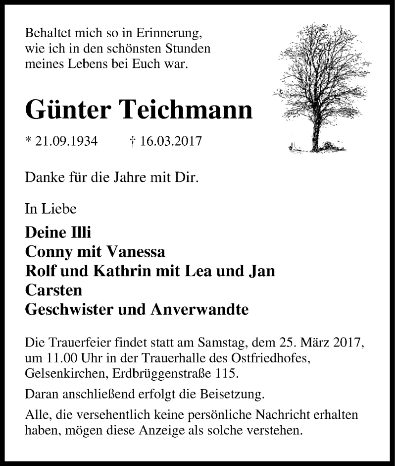 Traueranzeige für Günter Teichmann vom 18.03.2017 aus Tageszeitung