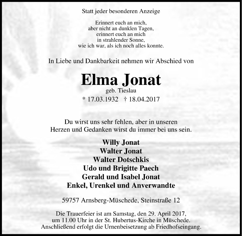  Traueranzeige für Elma Jonat vom 24.04.2017 aus Tageszeitung
