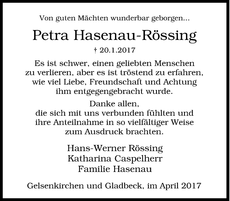  Traueranzeige für Petra Hasenau-Rössing vom 01.04.2017 aus Tageszeitung