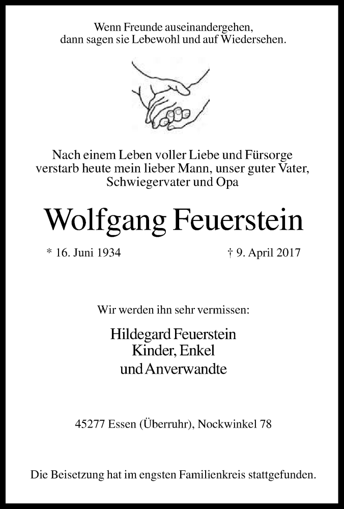  Traueranzeige für Wolfgang Feuerstein vom 22.04.2017 aus Tageszeitung