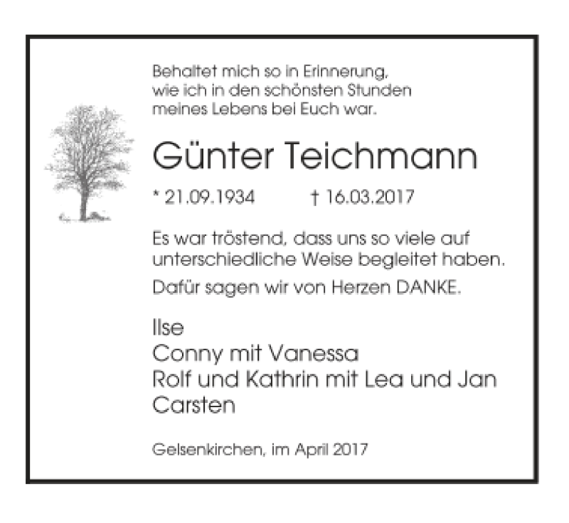  Traueranzeige für Günter Teichmann vom 22.04.2017 aus Tageszeitung