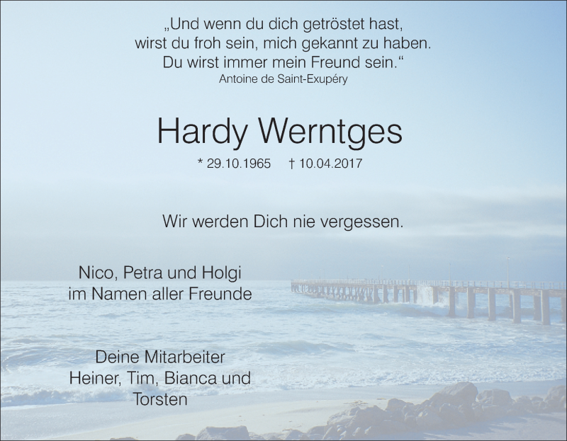  Traueranzeige für Hardy Werntges vom 12.04.2017 aus Tageszeitung