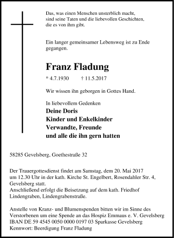 Traueranzeige von Franz Fladung von Tageszeitung