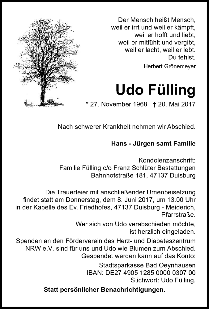  Traueranzeige für Udo Fülling vom 27.05.2017 aus Tageszeitung
