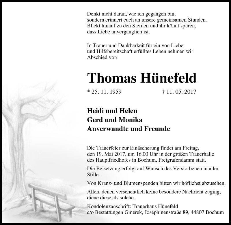  Traueranzeige für Thomas Hünefeld vom 17.05.2017 aus Tageszeitung