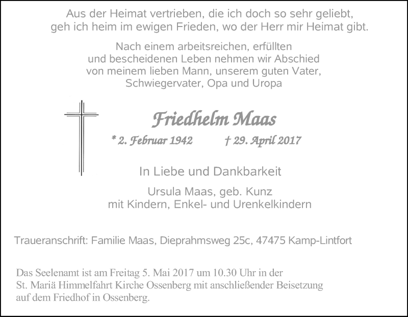  Traueranzeige für Friedhelm Maas vom 03.05.2017 aus Tageszeitung