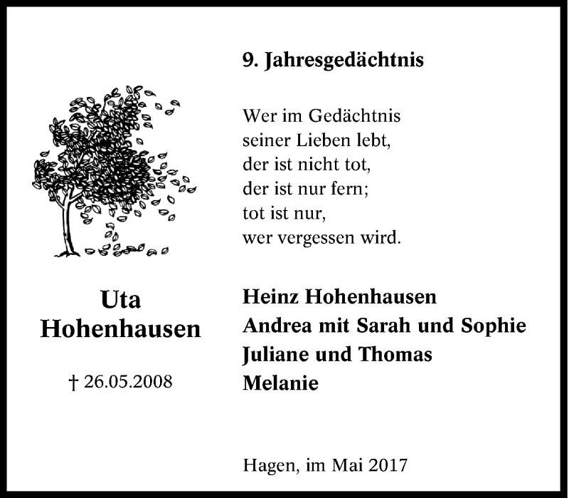  Traueranzeige für Uta Hohenhausen vom 27.05.2017 aus Tageszeitung