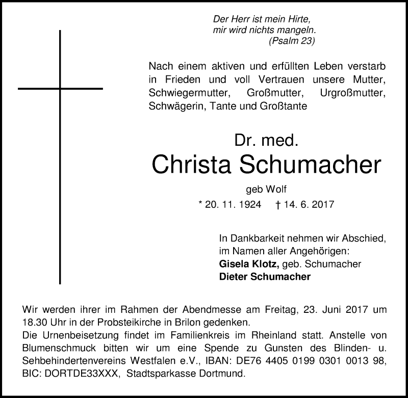 Traueranzeigen von Christa Schumacher | Trauer-in-NRW.de