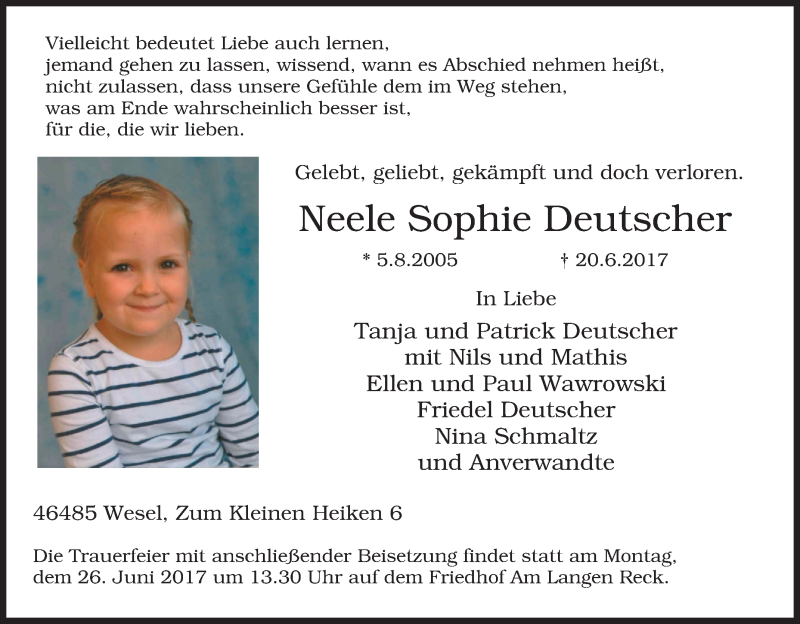  Traueranzeige für Neele Sophie Deutscher vom 22.06.2017 aus Tageszeitung
