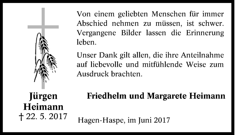  Traueranzeige für Jürgen Heimann vom 10.06.2017 aus Tageszeitung