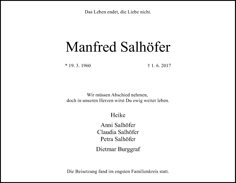  Traueranzeige für Manfred Salhöfer vom 10.06.2017 aus Tageszeitung