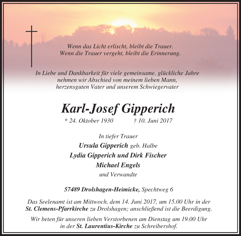  Traueranzeige für Karl-Josef Gipperich vom 12.06.2017 aus waz