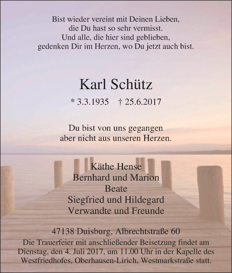  Traueranzeige für Karl Schütz vom 29.06.2017 aus waz