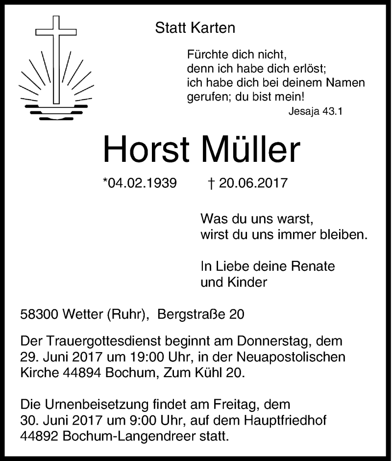  Traueranzeige für Horst Müller vom 27.06.2017 aus Tageszeitung