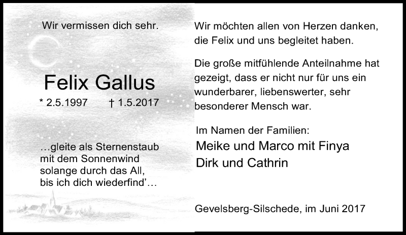  Traueranzeige für Felix Gallus vom 01.07.2017 aus Tageszeitung