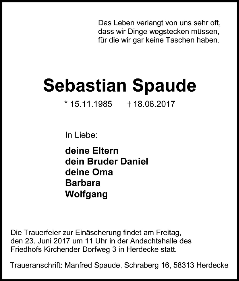  Traueranzeige für Sebastian Spaude vom 22.06.2017 aus Tageszeitung