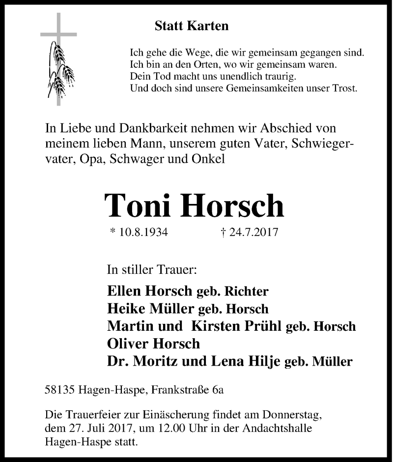  Traueranzeige für Toni Horsch vom 25.07.2017 aus Tageszeitung