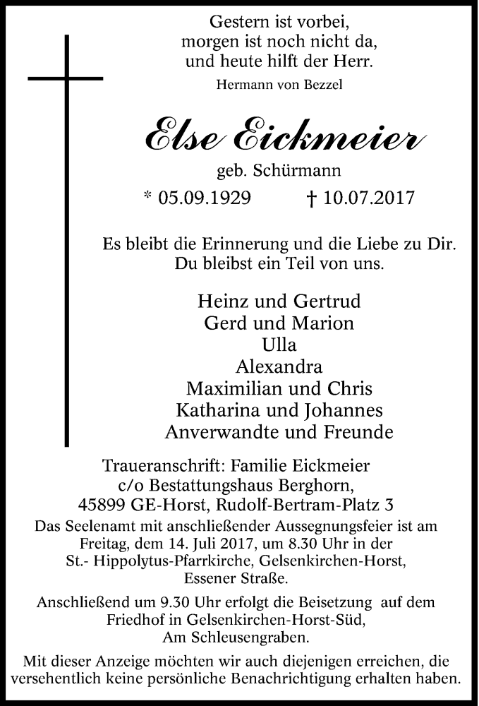 Traueranzeigen von Else Eickmeier | Trauer-in-NRW.de