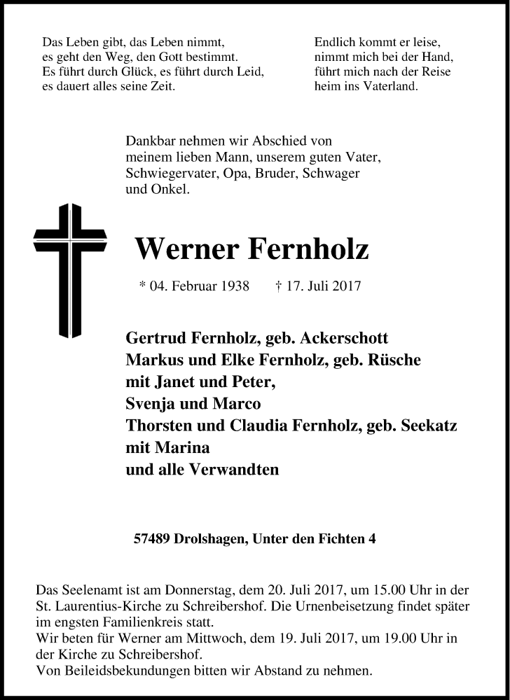 Traueranzeige für Werner Fernholz vom 18.07.2017 aus Tageszeitung