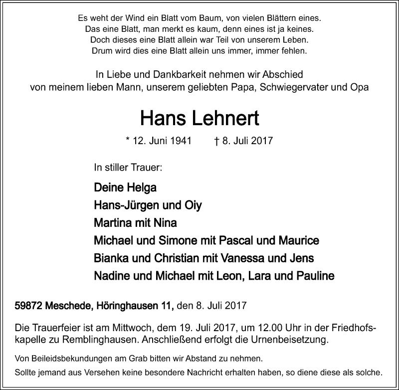  Traueranzeige für Hans Lehnert vom 13.07.2017 aus Tageszeitung