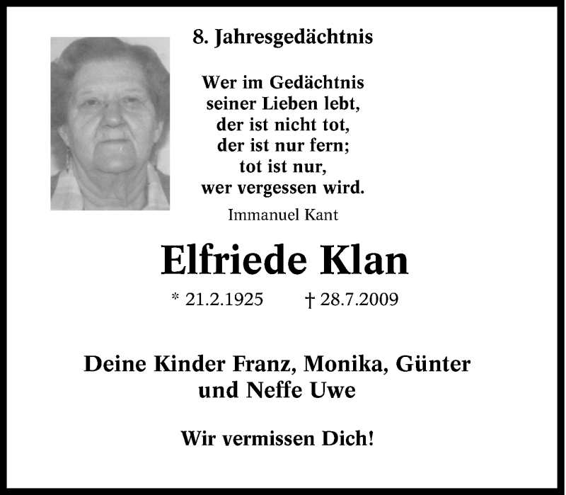  Traueranzeige für Elfriede Klan vom 28.07.2017 aus Tageszeitung