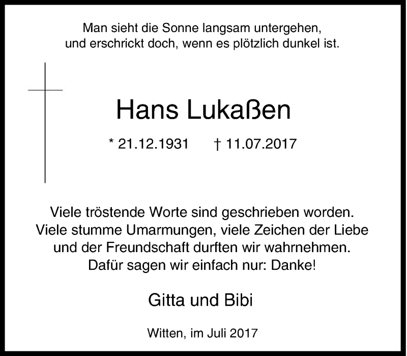  Traueranzeige für Hans Lukaßen vom 29.07.2017 aus Tageszeitung