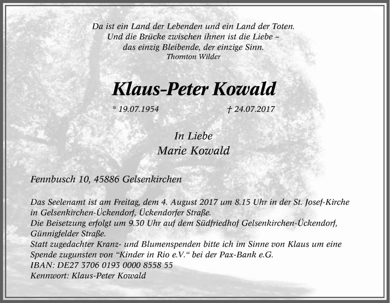  Traueranzeige für Klaus-Peter Kowald vom 29.07.2017 aus Tageszeitung